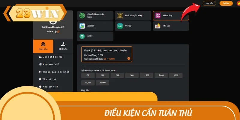 Người chơi cần tuân thủ điều kiện gì khi nạp tiền tài khoản?